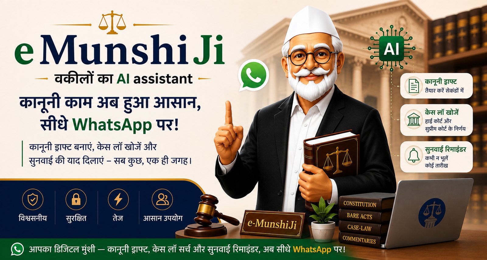 e MunshiJi — आपका AI कानूनी सहायक। कानूनी काम अब हुआ आसान, सीधे WhatsApp पर। कानूनी ड्राफ्ट बनाएँ, केस लॉ खोजें और सुनवाई की याद दिलाएँ।